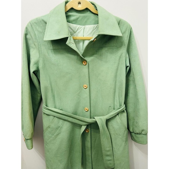 Vintage 70s Foxland By Lanson Suede Trench Coat Mint Green ILGWU Union Made - Picture 5 of 11